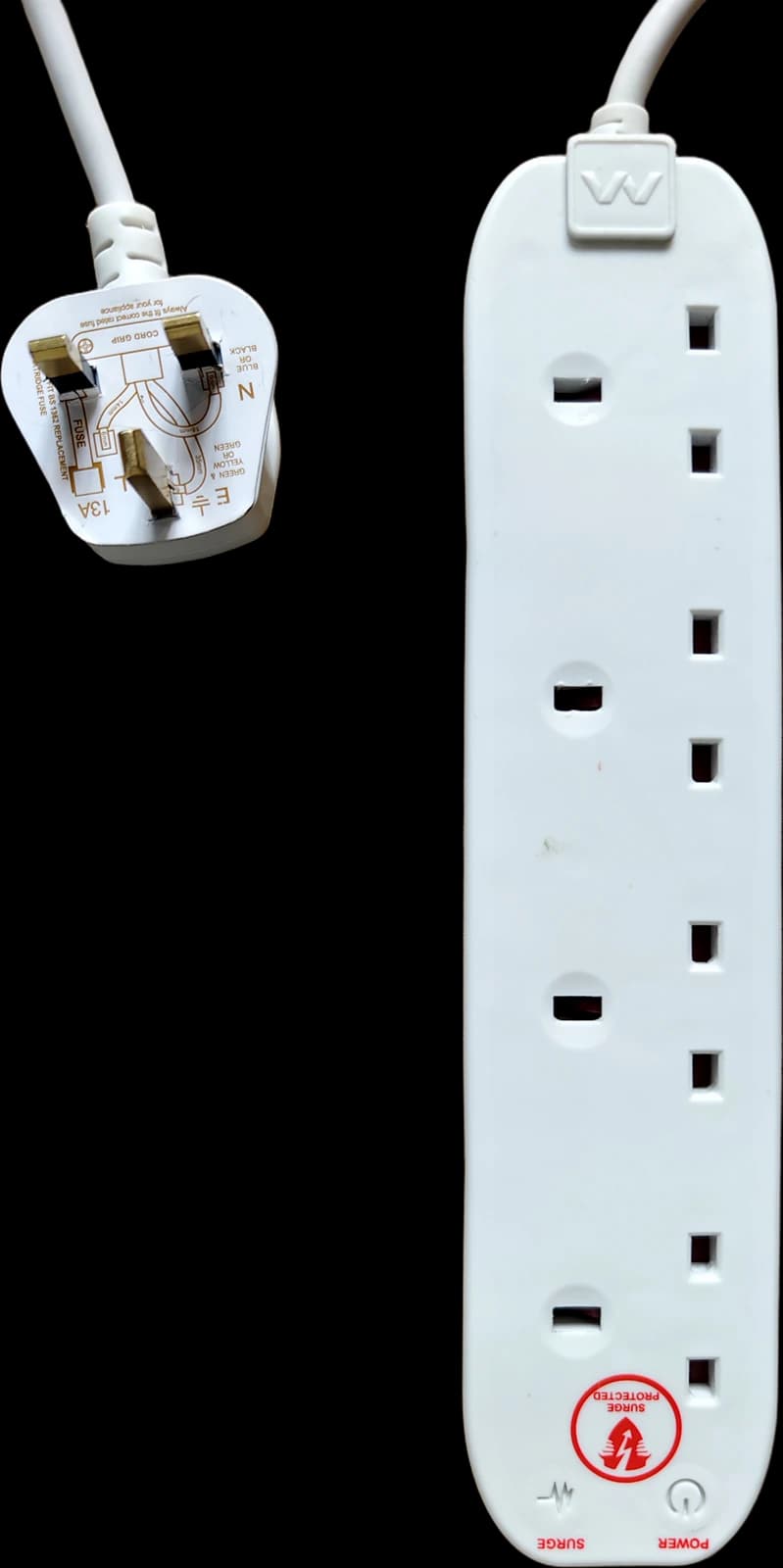 4-way surge protected extension lead, 2 m, white, UK plug