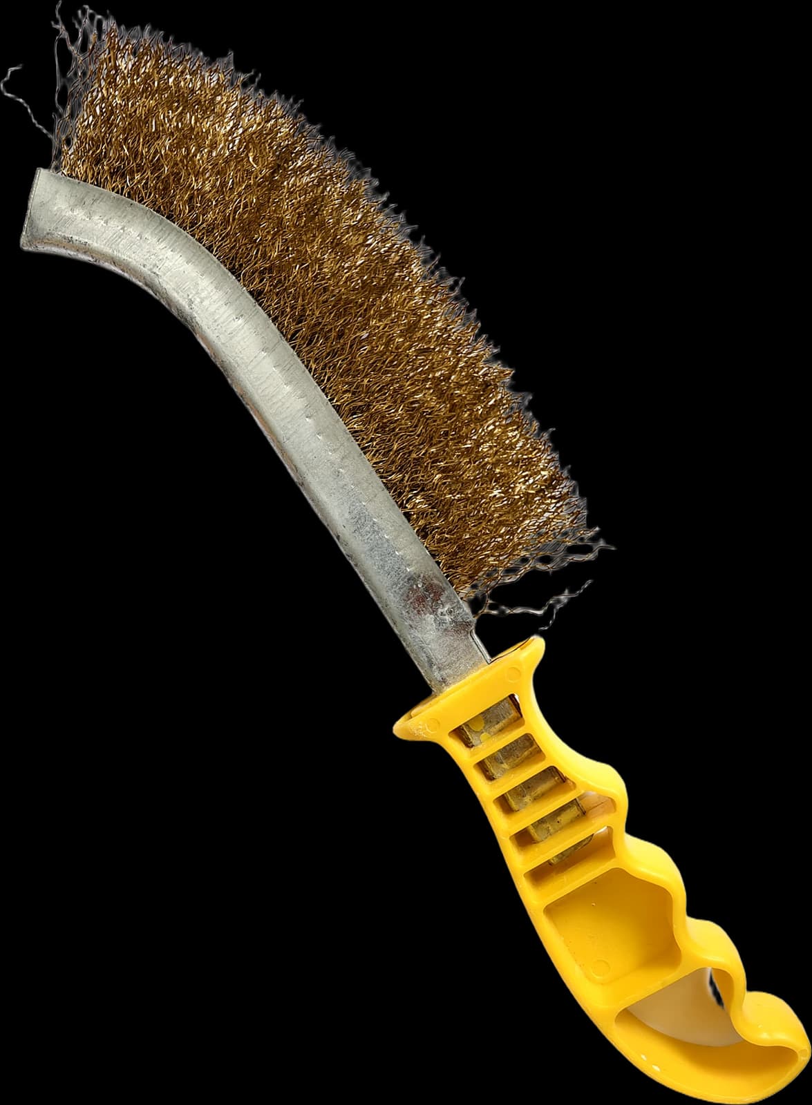 Brass-coated wire brush with curved head and yellow handle