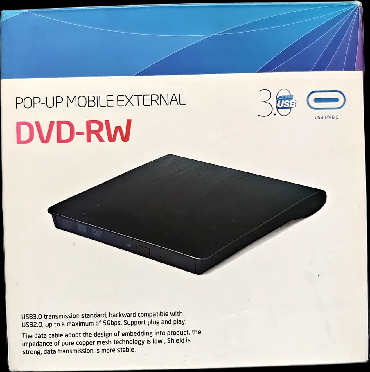 Slim external DVD-RW / CD drive, USB 3.0 and USB-C, boxed