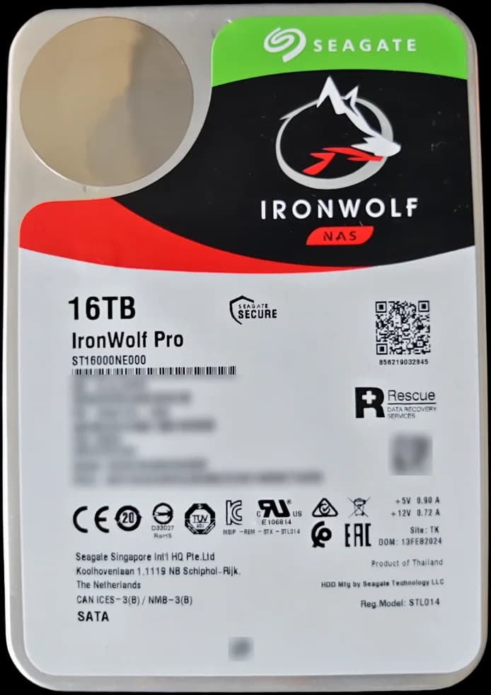 Seagate IronWolf Pro 16TB NAS hard drive (ST16000NE000), 7200 rpm, lightly used