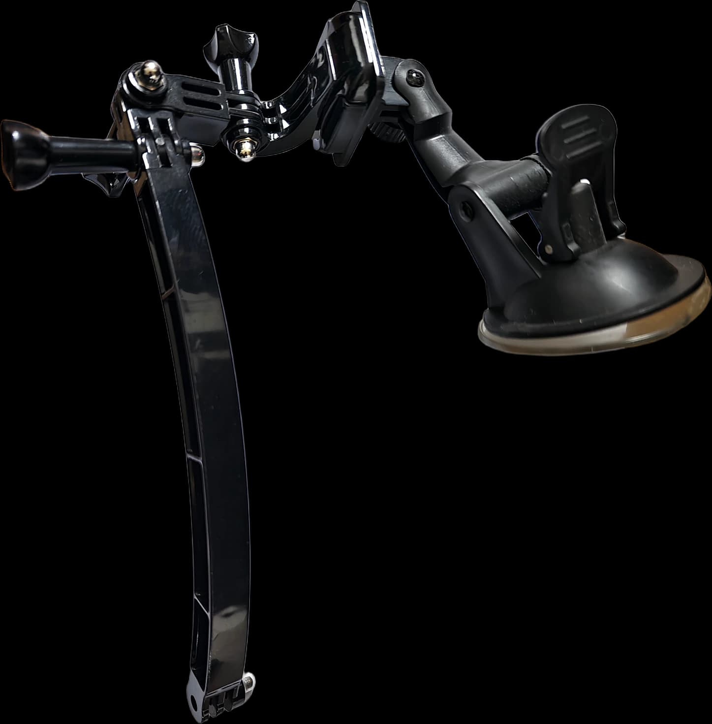 Suction cup car mount with curved extension arm for GoPro cameras